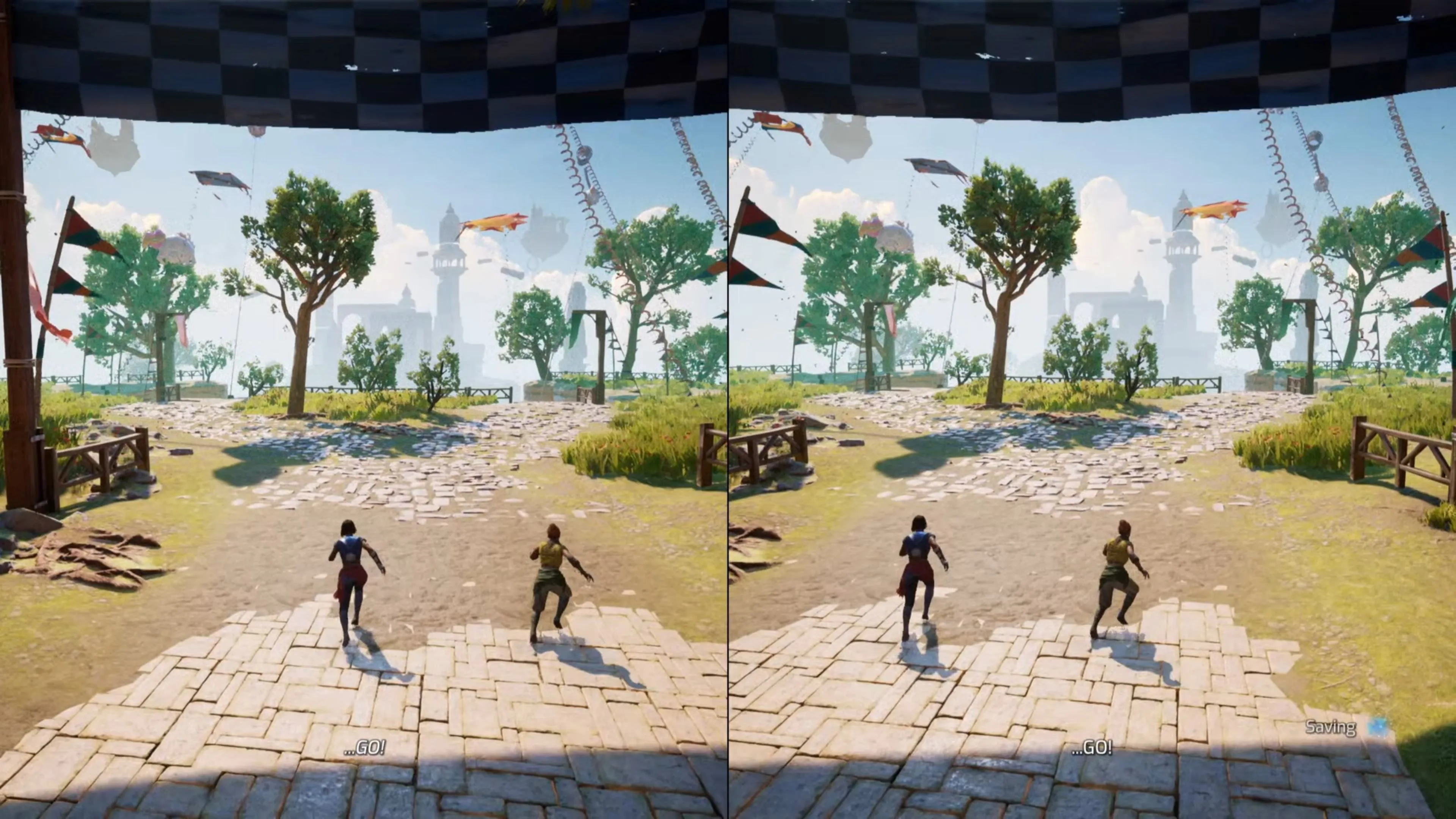 Hai nhân vật Zoe và Mio đang bay lượn giữa những đám mây trong màn chơi Kites của Split Fiction.