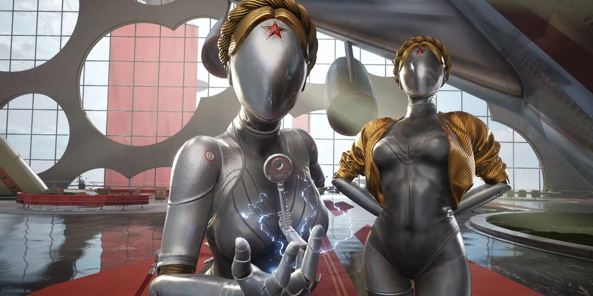 Hai robot nữ song sinh trong game Atomic Heart đứng gác nghiêm nghị