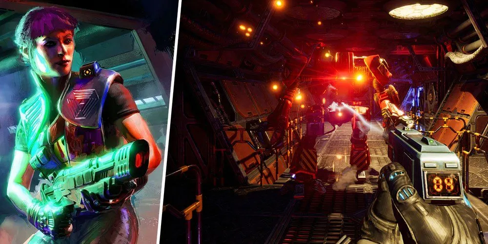 Hành lang tối tăm trong trạm không gian của System Shock Remake với kẻ thù robot