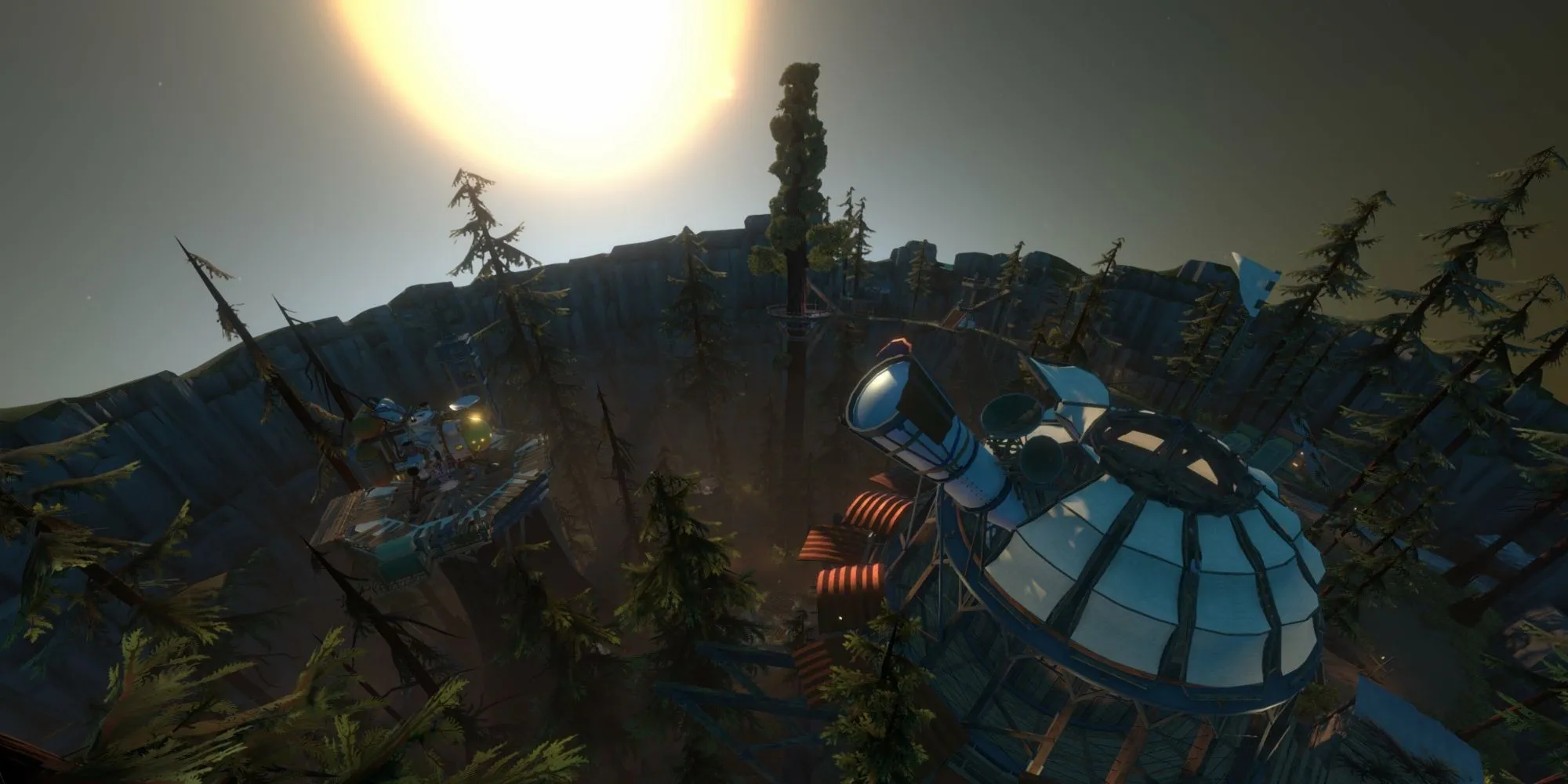 Hành tinh khởi đầu trong Outer Wilds với tàu vũ trụ và bầu trời đầy sao
