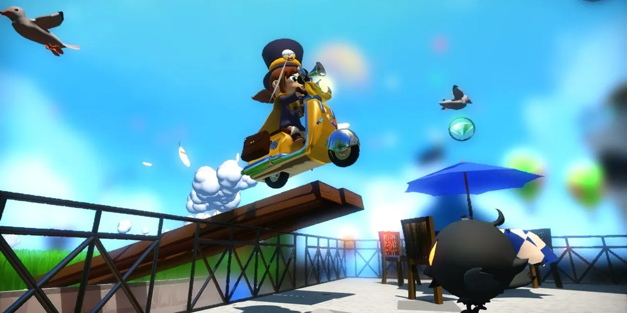 Hat Kid đang lái chiếc scooter ngộ nghĩnh trong thế giới đầy màu sắc của A Hat in Time
