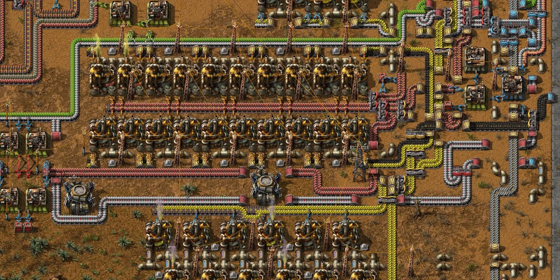 Hệ thống dây chuyền và đường điện phức tạp trong game xây dựng nhà máy Factorio