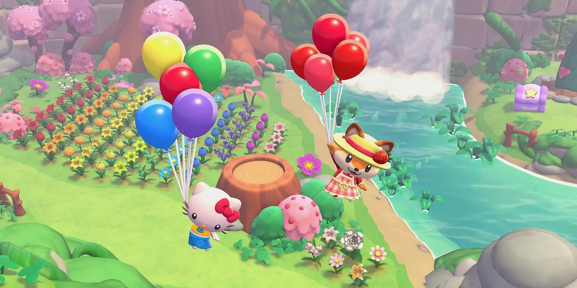 Hello Kitty và một người bạn cáo đang bay lơ lửng với chùm bóng bay trong Hello Kitty Island Adventure