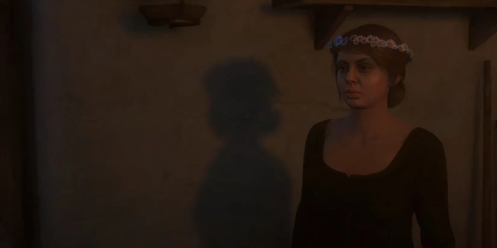 Henry nói chuyện với Else tại tiệm đóng giày để xin nước hoa trong Kingdom Come Deliverance 2