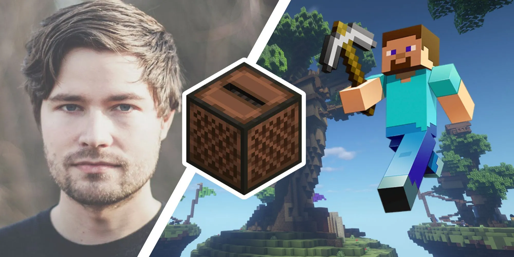 Hình ảnh C418, jukebox và nhân vật Steve trong Minecraft, gợi nhớ đến âm thanh đặc trưng của game