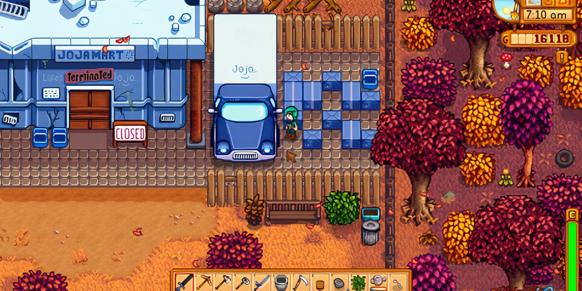 Hình ảnh cửa hàng JojaMart trong game Stardew Valley với biển hiệu lớn và nhân viên Morris đứng phía trước