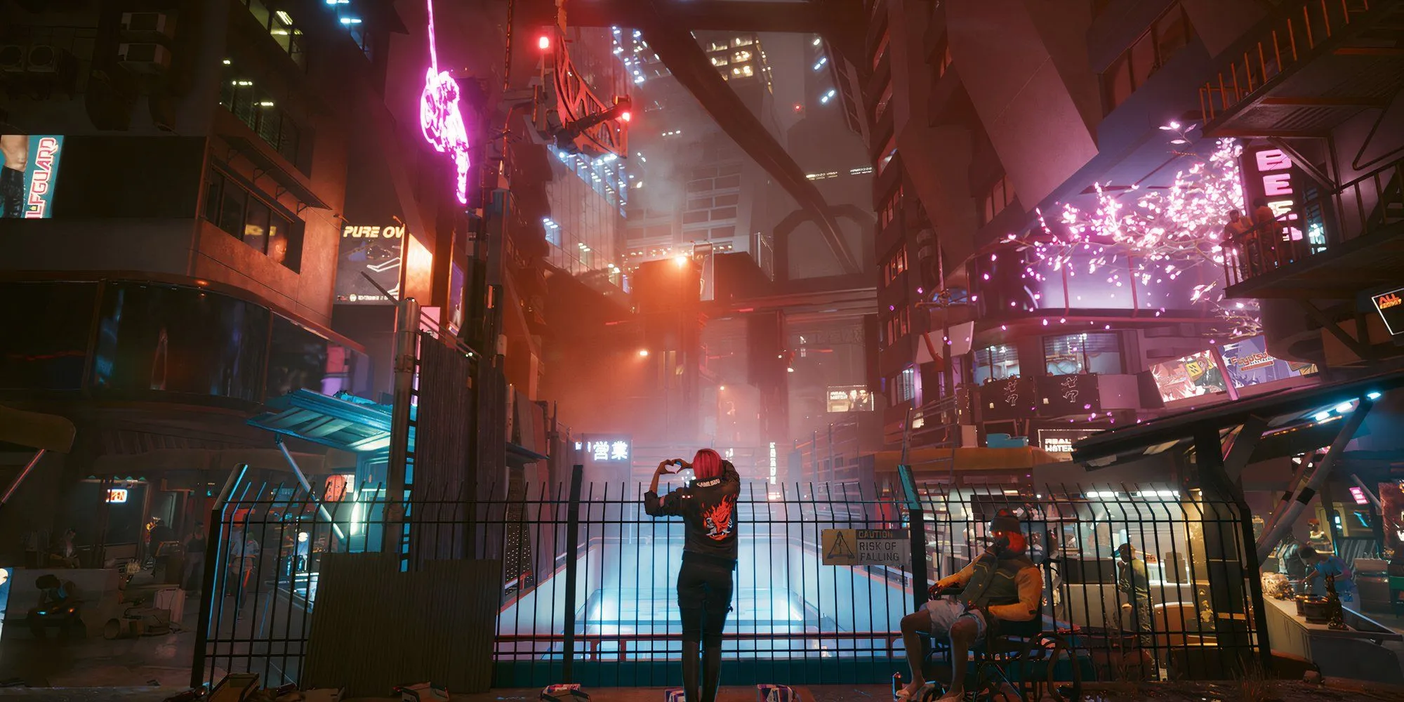 Hình ảnh hai nhân vật trong Cyberpunk 2077 đứng ngoài trời ở Night City, minh họa bối cảnh game.