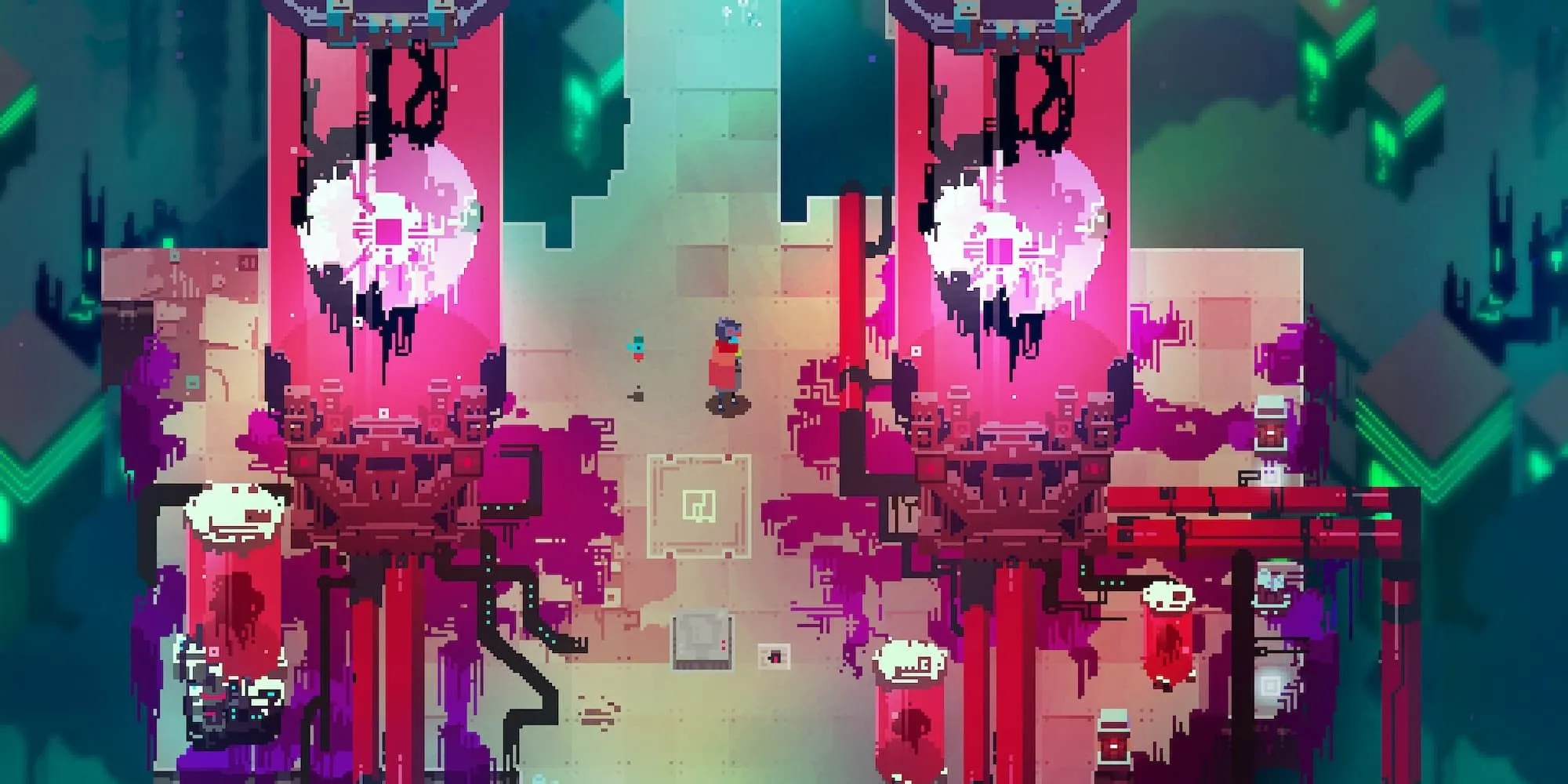 Hình ảnh một nền tảng trôi nổi trong Hyper Light Drifter với phong cách đồ họa pixel art ấn tượng