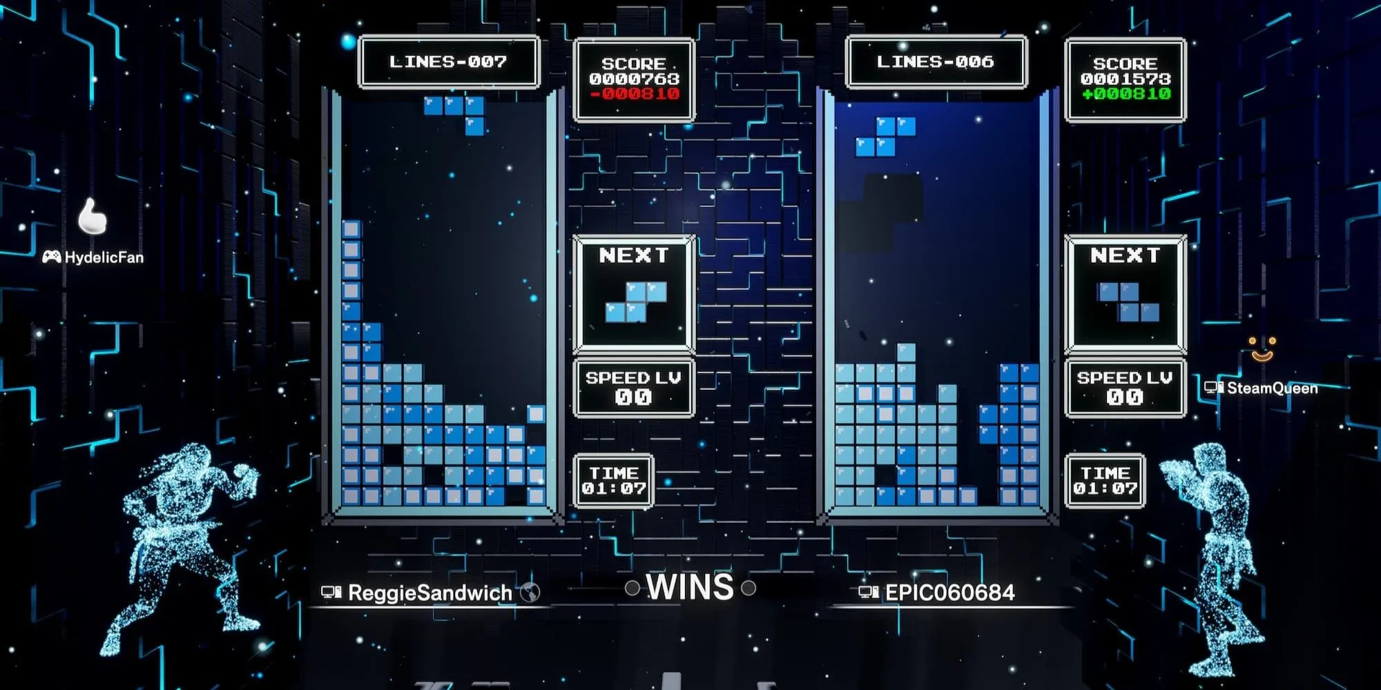 Hình ảnh multiplayer đối kháng trong Tetris Effect: Connected, hiển thị hai người chơi xếp gạch trên màn hình chia đôi