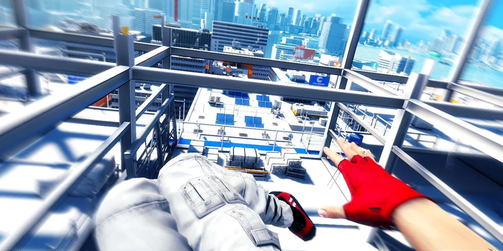 Hình ảnh quảng cáo của Mirror's Edge hiển thị nhân vật chính Faith Connors đang thực hiện động tác parkour trên mái nhà.