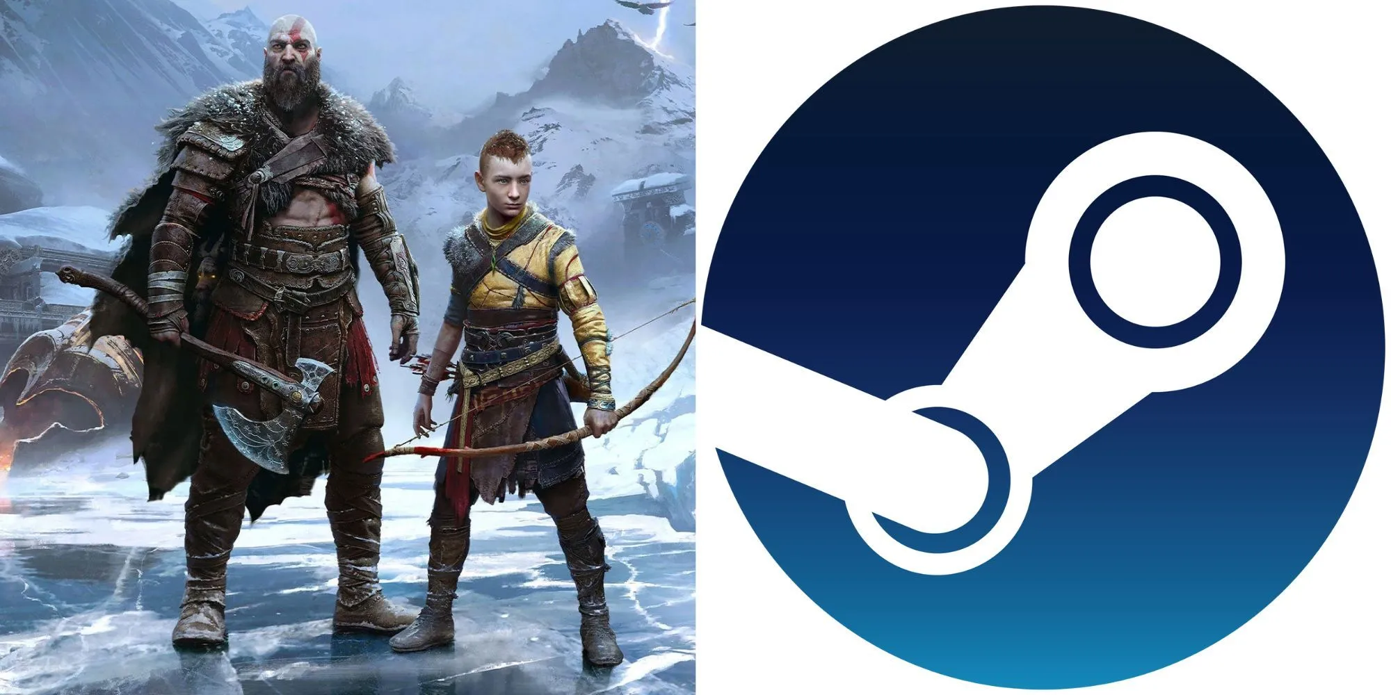 Hình ảnh quảng cáo God of War Ragnarok và logo Steam, minh họa cho vấn đề yêu cầu tài khoản trên bản PC