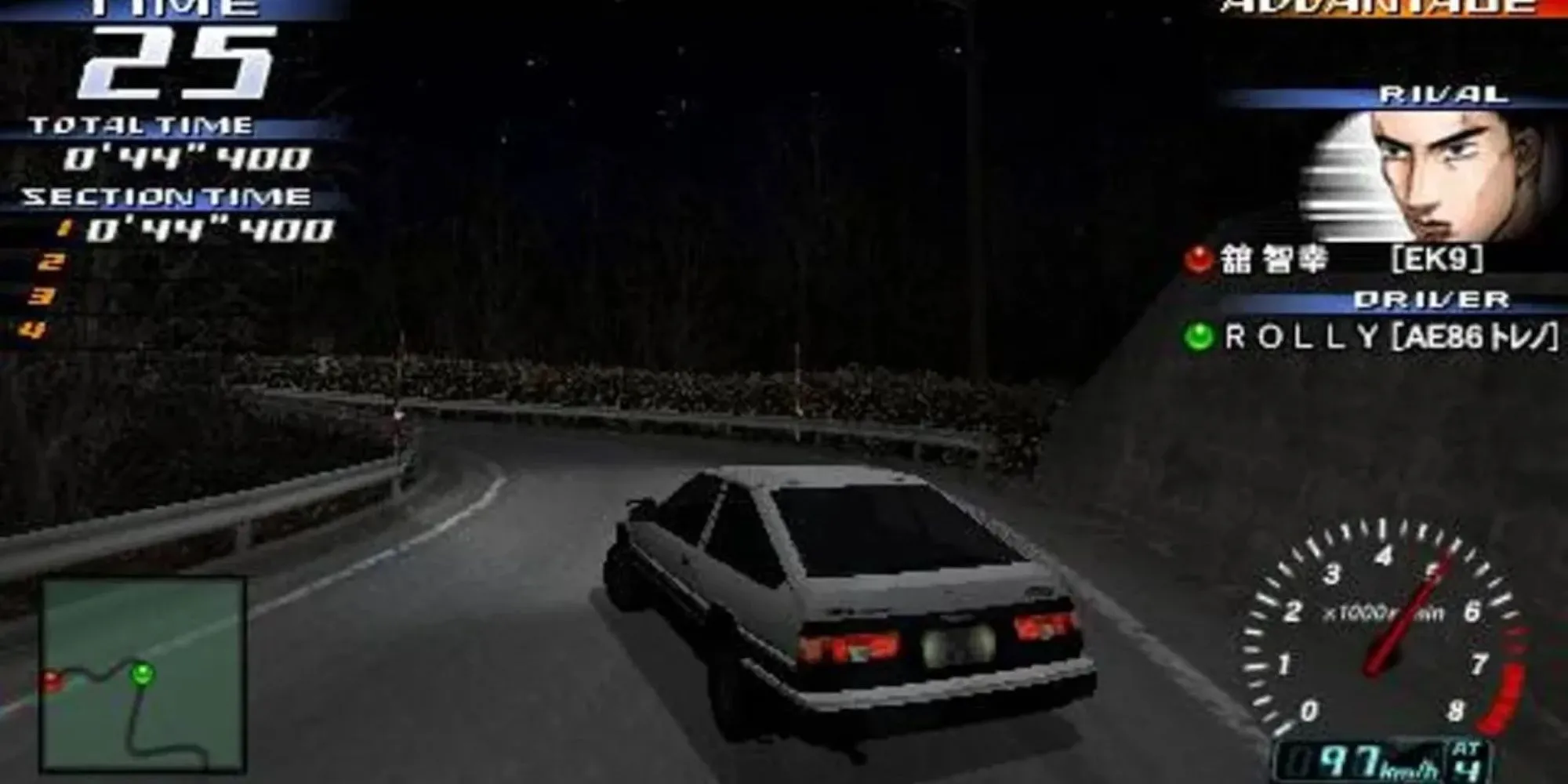 Hình ảnh từ game Initial D Street Stage, một chiếc xe đang drift trên đường đèo núi