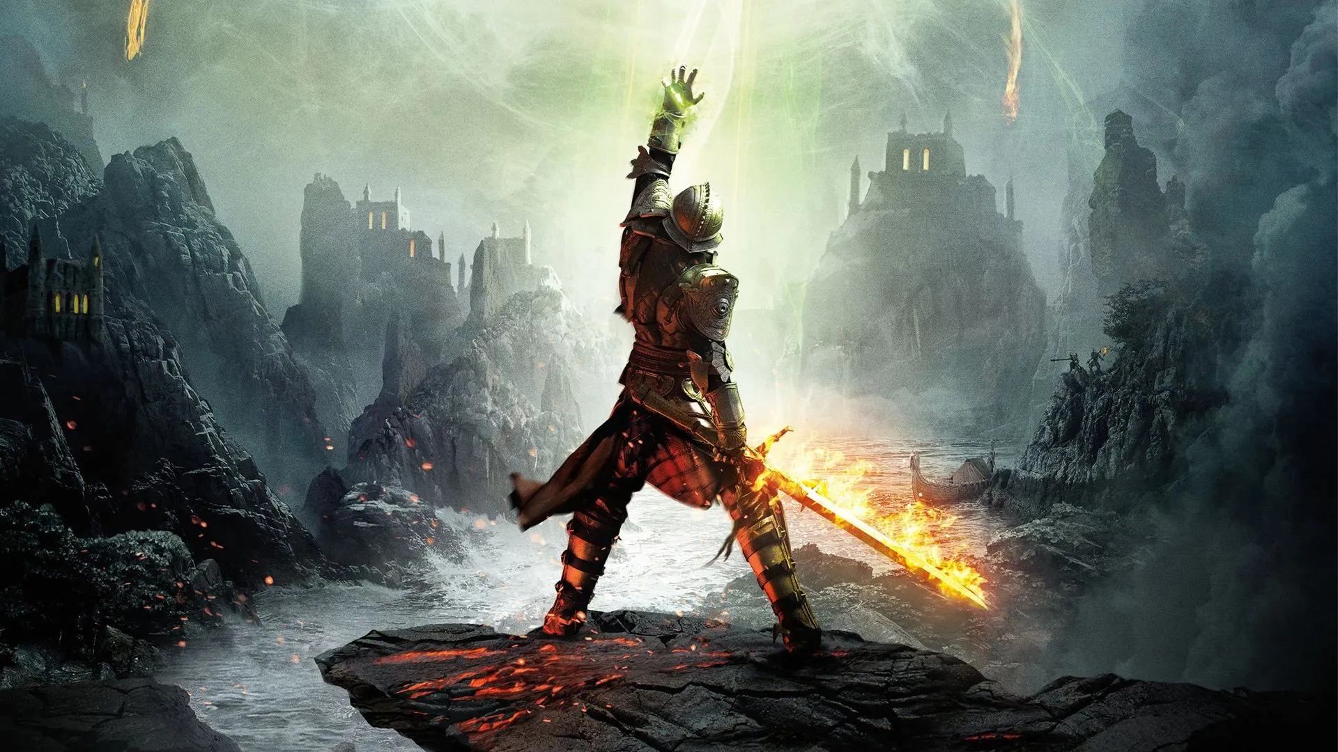 Hình nền game Dragon Age Inquisition với khung cảnh hùng vĩ và các nhân vật chính