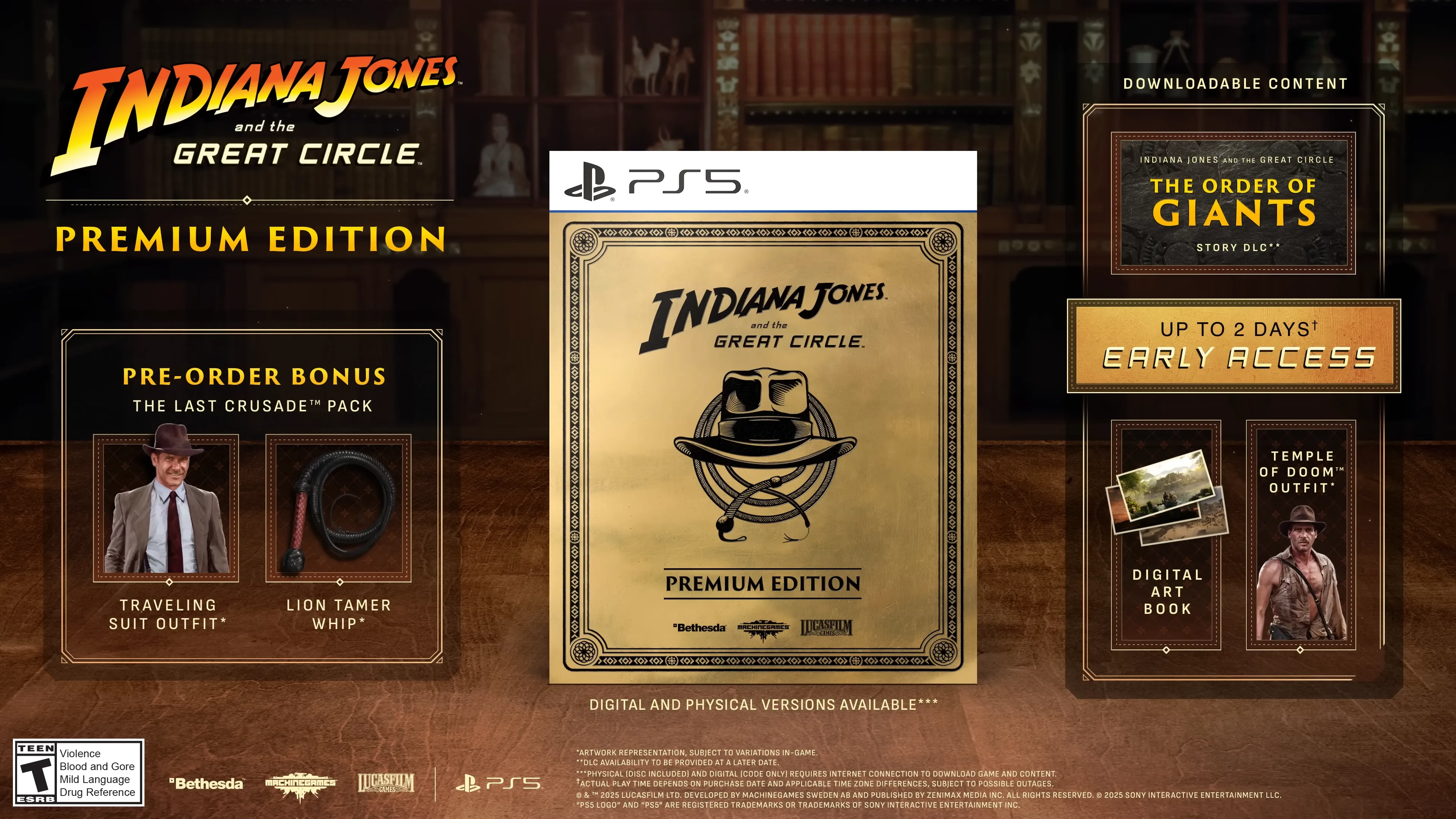 Indiana Jones cầm roi trong hang động với ánh sáng vàng le lói, khung cảnh từ trailer game trên PS5