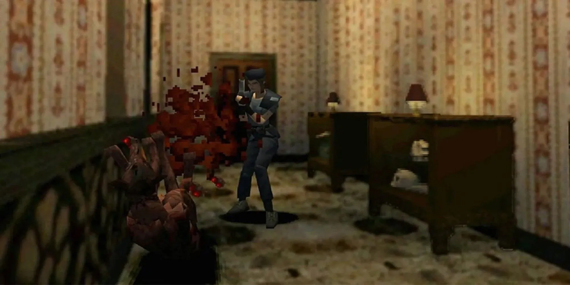Jill Valentine từ Resident Evil đang nhắm bắn một kẻ thù zombie trong biệt thự Spencer