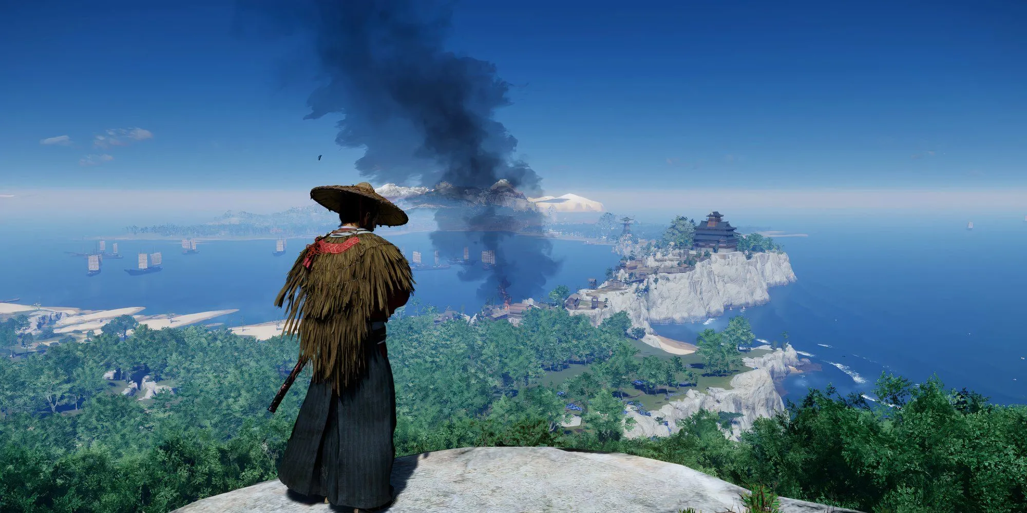 Jin Sakai đứng trên vách đá nhìn ra khung cảnh tuyệt đẹp trong Ghost of Tsushima