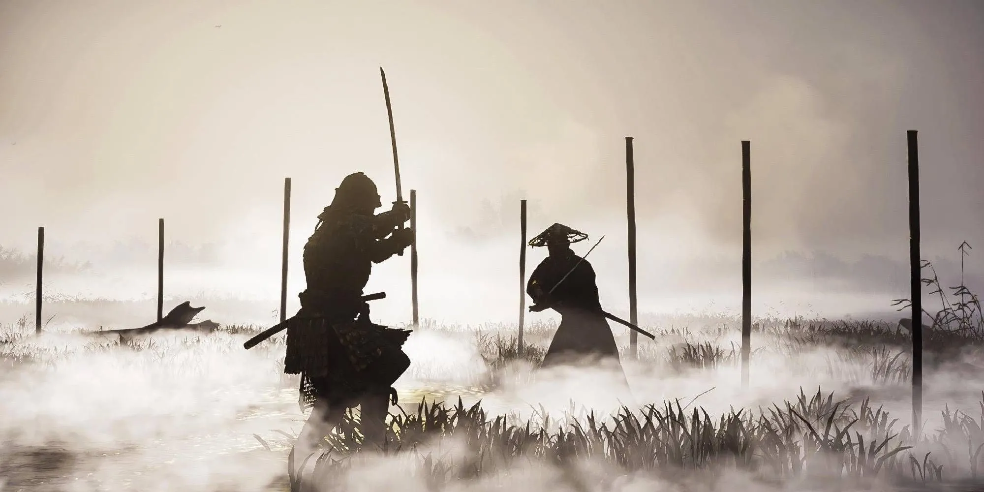 Jin Sakai thực hiện đòn kết liễu trong trận đấu tay đôi tại Đầm lầy Drowning Marsh ở Ghost of Tsushima