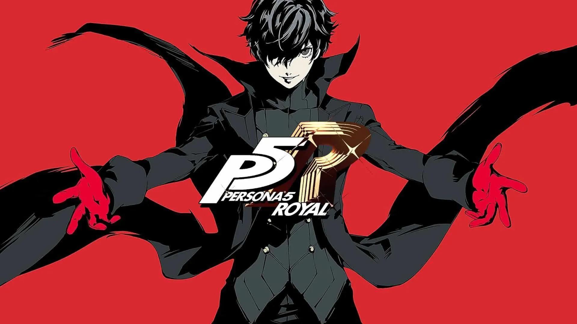 Joker, nhân vật chính của Persona 5 Royal, dang rộng cánh tay trên nền đồ họa đỏ đen đặc trưng
