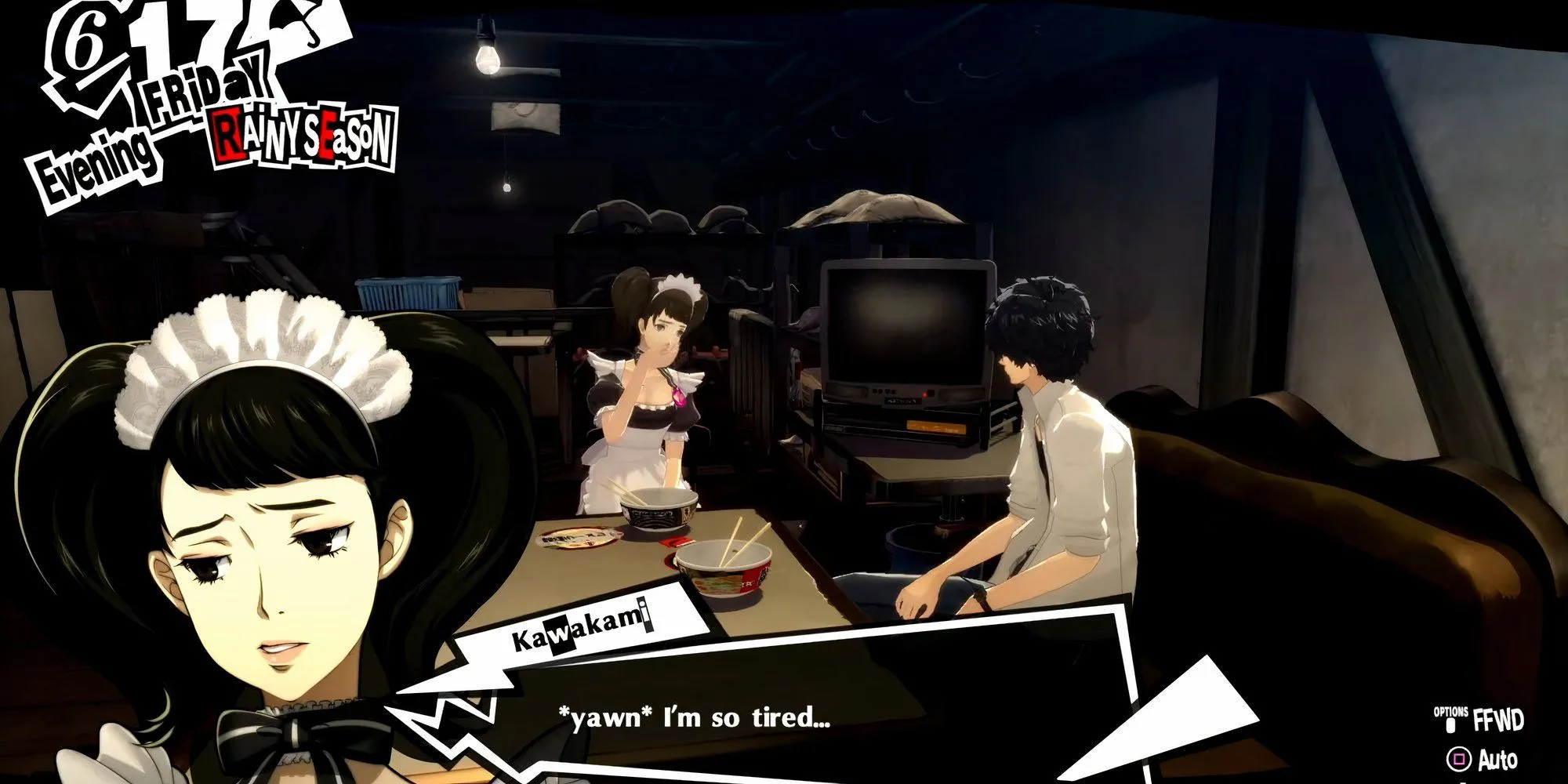 Joker và Kawakami đang ăn ramen tại một quán nhỏ trong Persona 5 Royal
