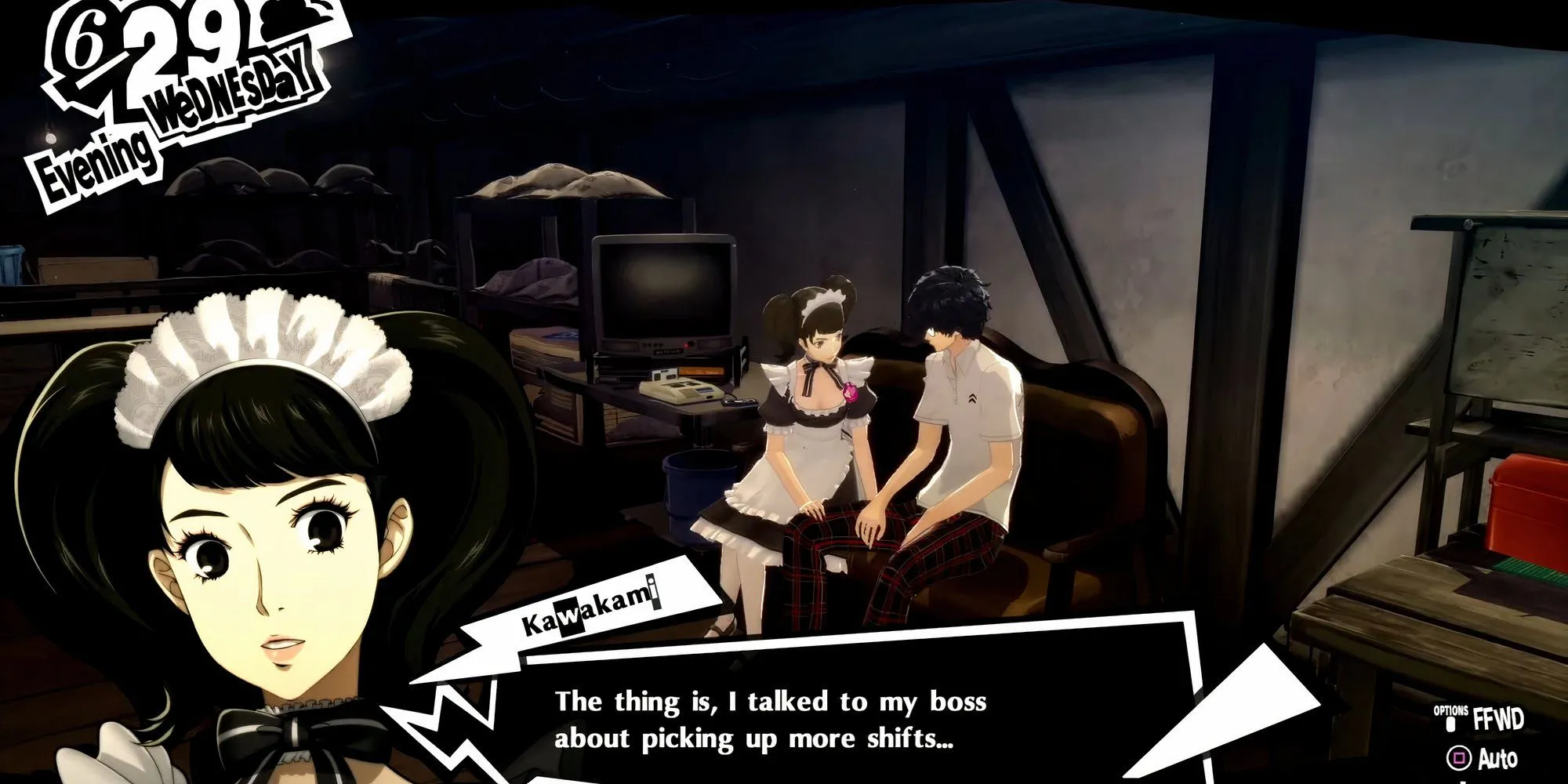 Joker và Kawakami ngồi cùng nhau trong phòng của Joker ở Persona 5 Royal
