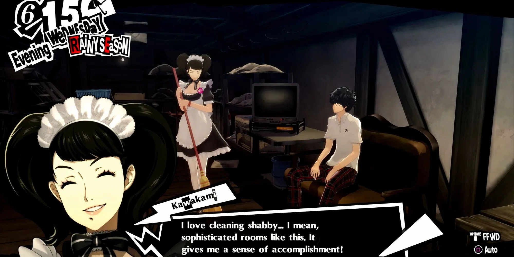 Kawakami đang dọn dẹp phòng của Joker trong Persona 5 Royal ở Rank 2 Confidant