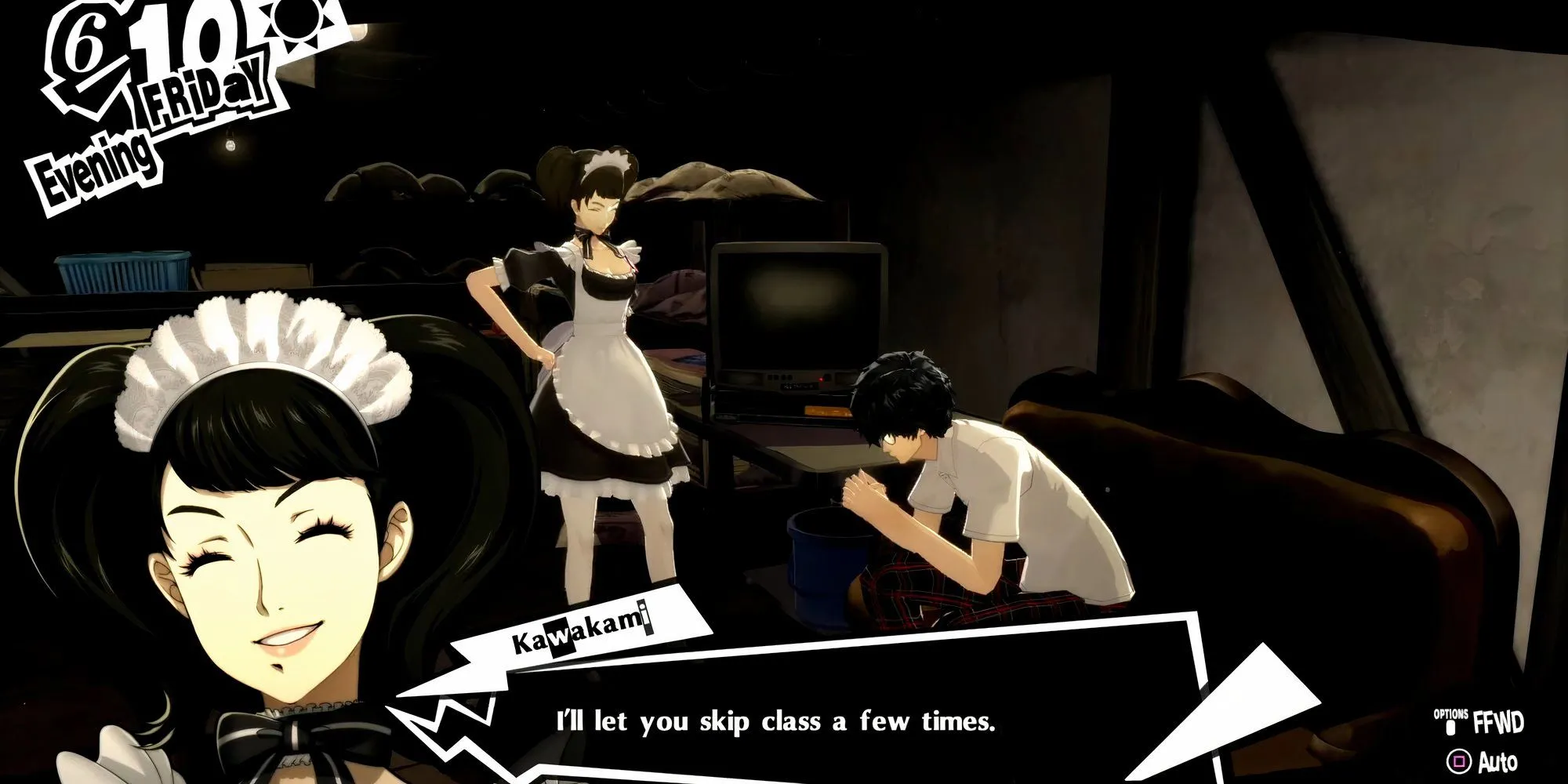 Kawakami và Joker tại quán cà phê Leblanc trong Persona 5 Royal ở Rank 1 Confidant