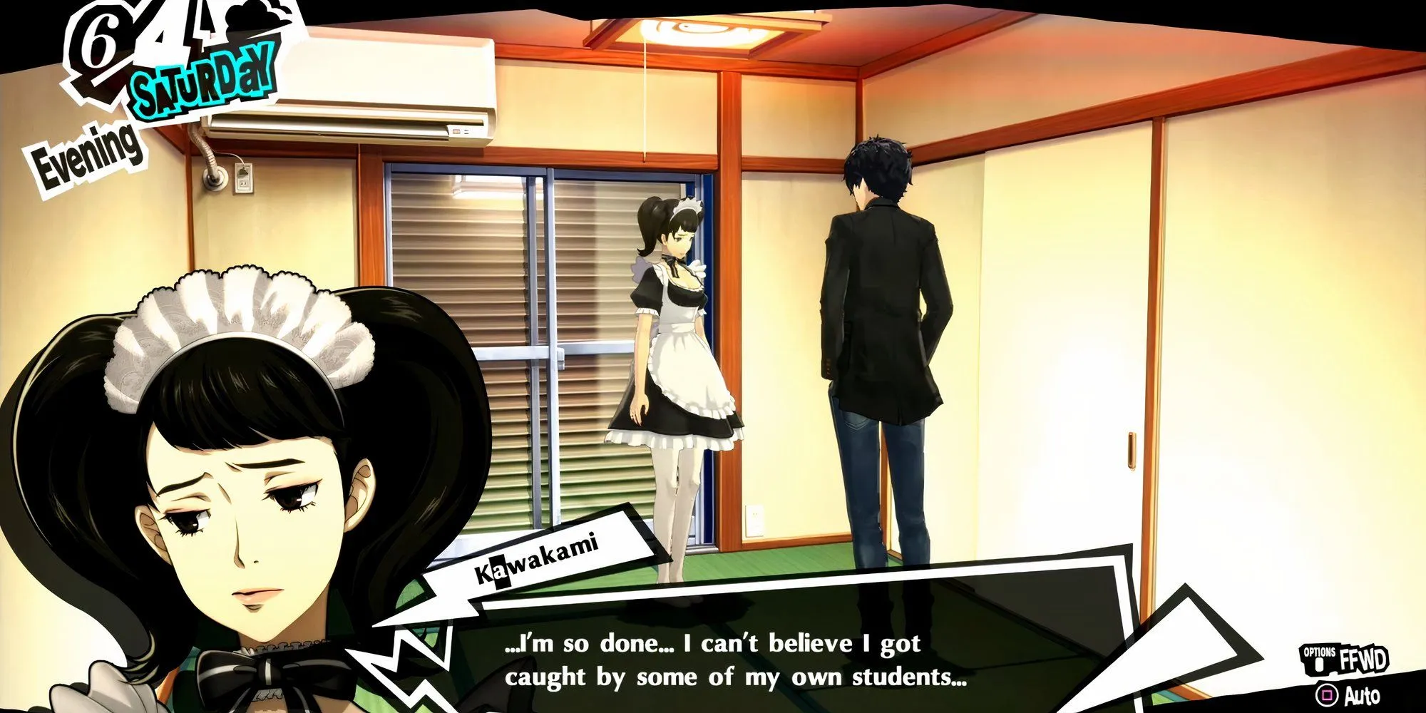 Kawakami và Joker trong Persona 5 Royal đang nói chuyện về công việc làm thêm
