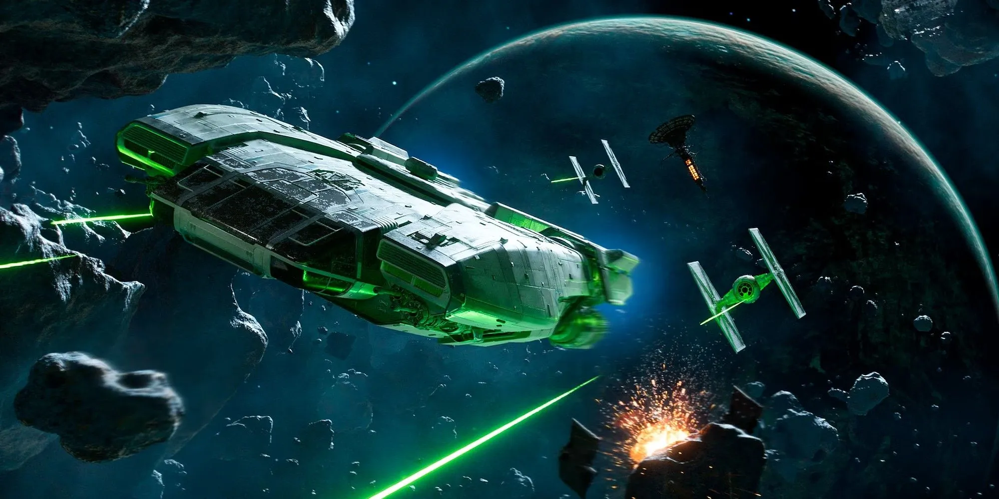 Kay Vess và phi thuyền Trailblazer của cô trong trận chiến không gian rực lửa trong Star Wars Outlaws