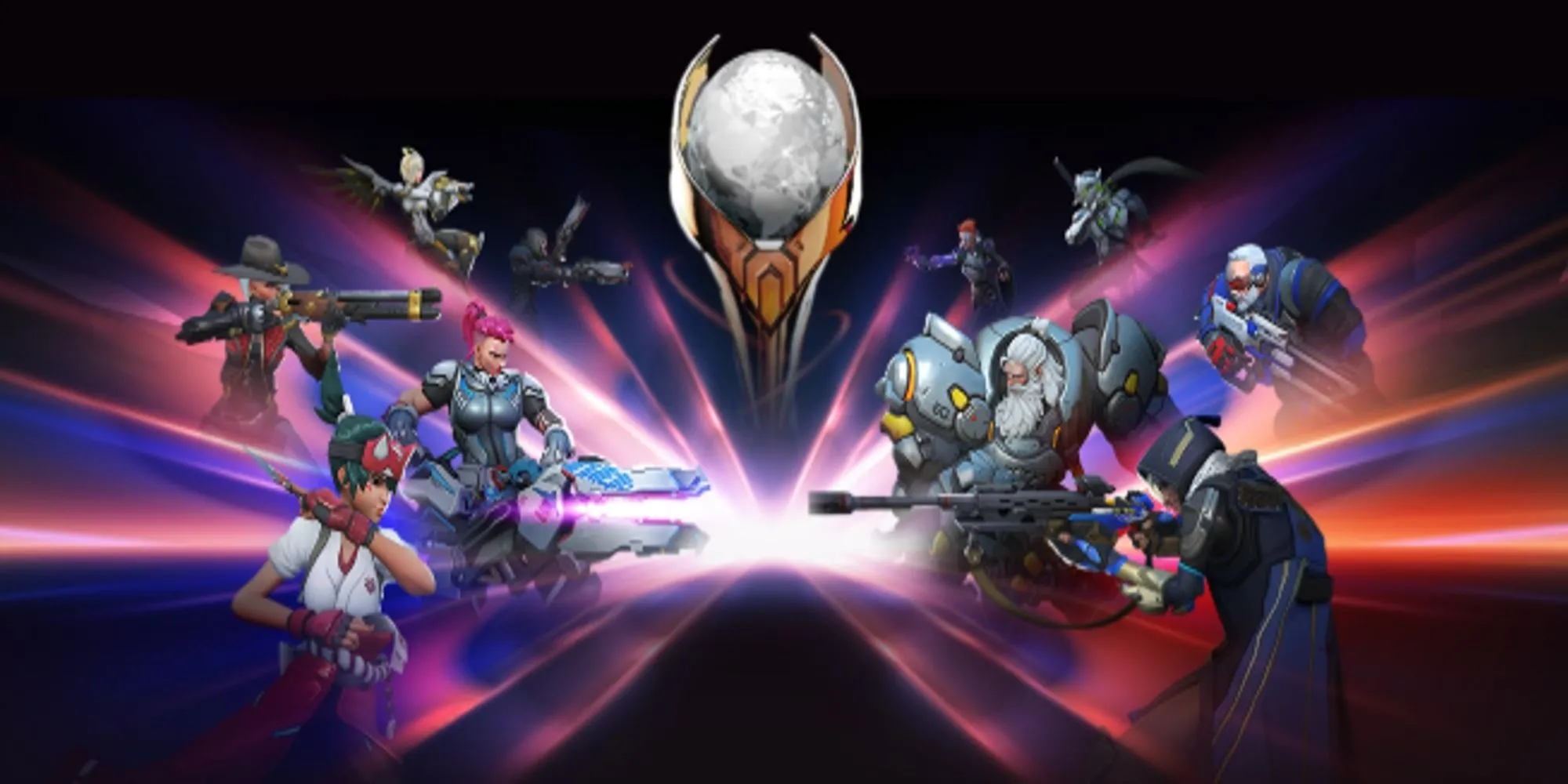 Key art chính thức của chế độ Stadium trong Overwatch 2 với các hero chiến đấu