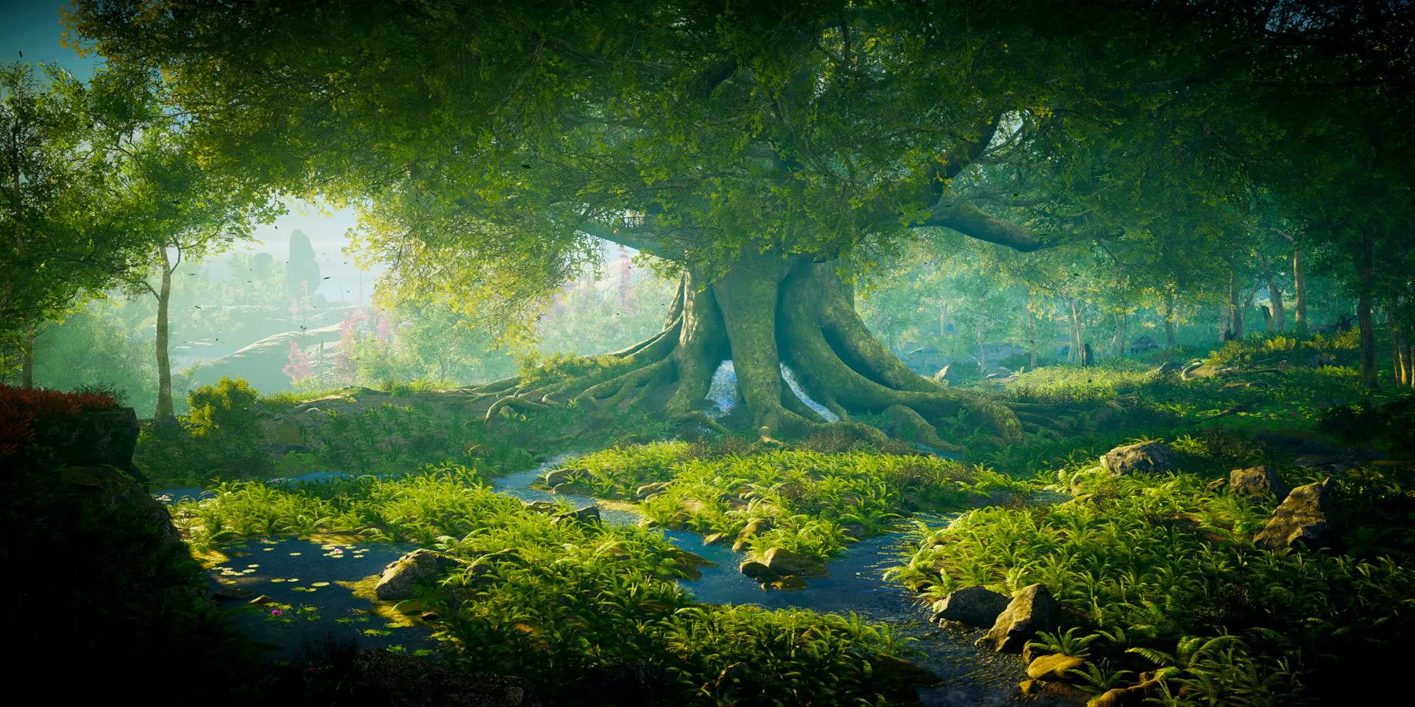 Khung cảnh cây đại thụ hùng vĩ giữa đồng cỏ và suối nước trong Eastshade