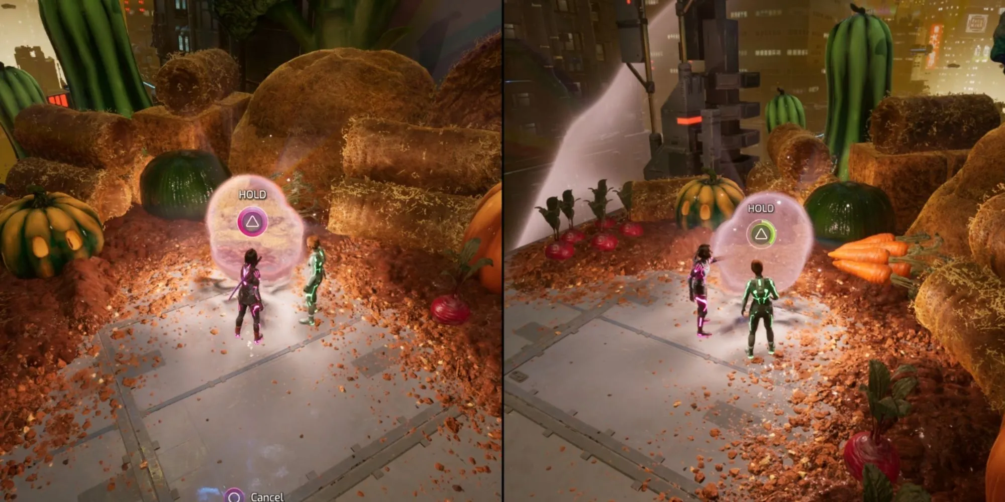 Khung cảnh đường phố neon trong chương Neon Revenge của game Split Fiction