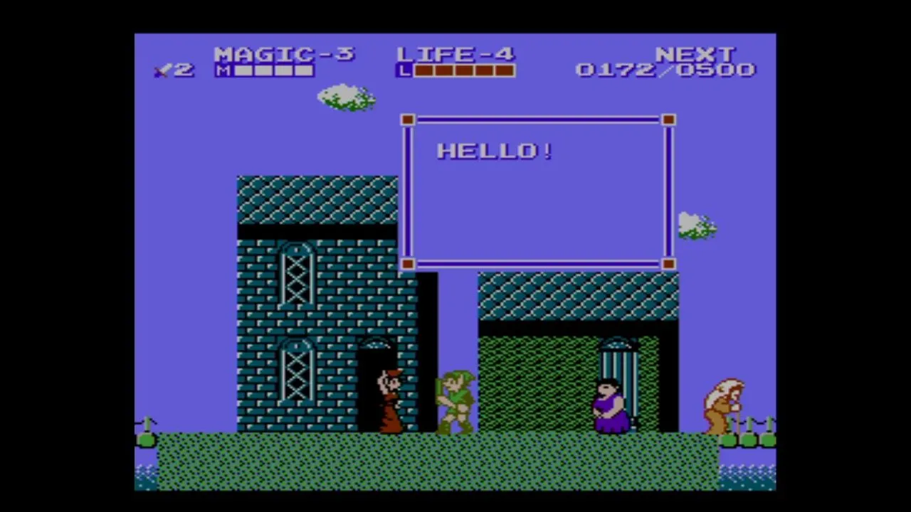 Khung cảnh một thị trấn trong game Zelda II: The Adventure of Link