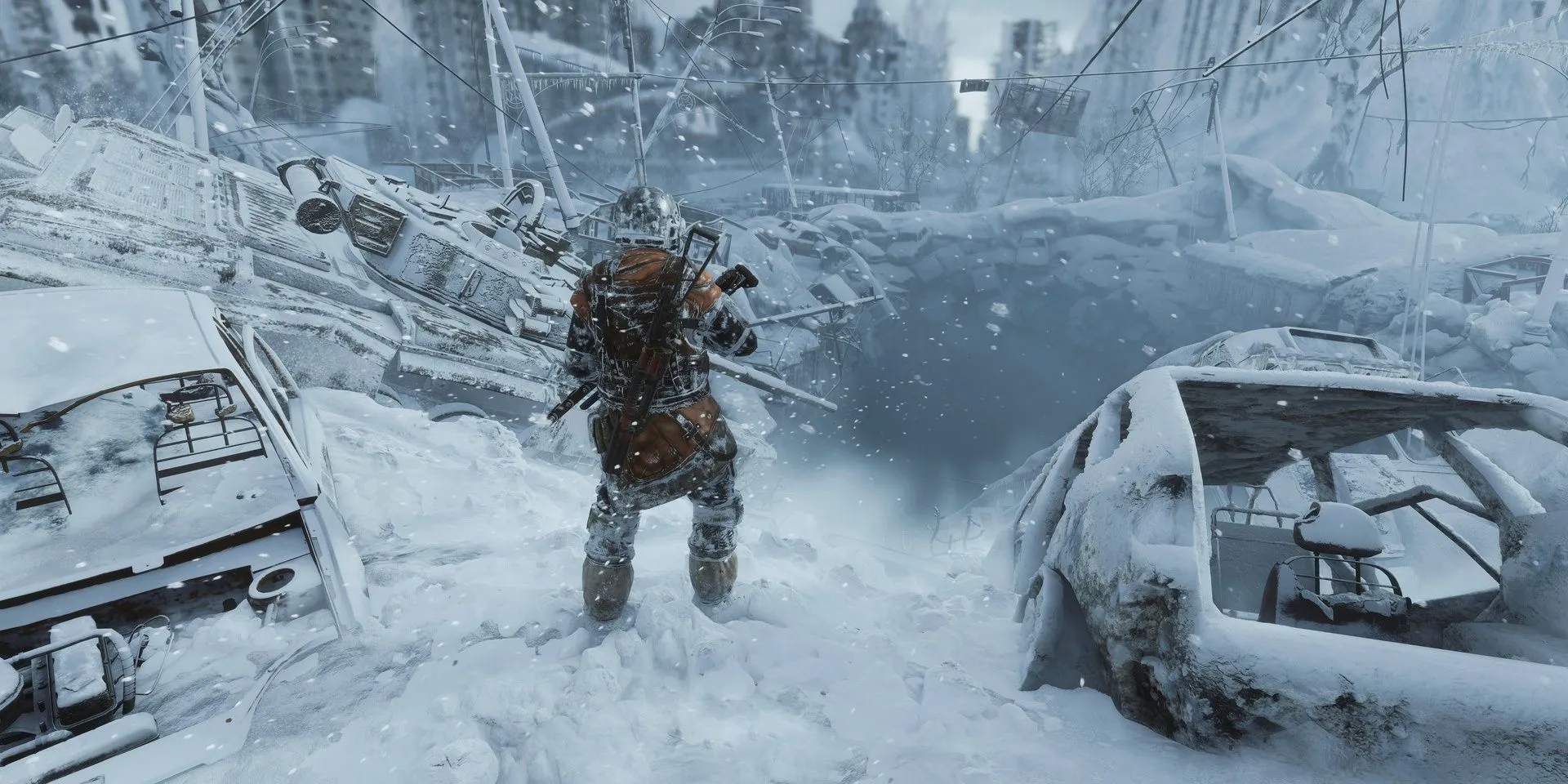 Khung cảnh mùa đông tuyết phủ trong Metro Exodus nơi người chơi khám phá