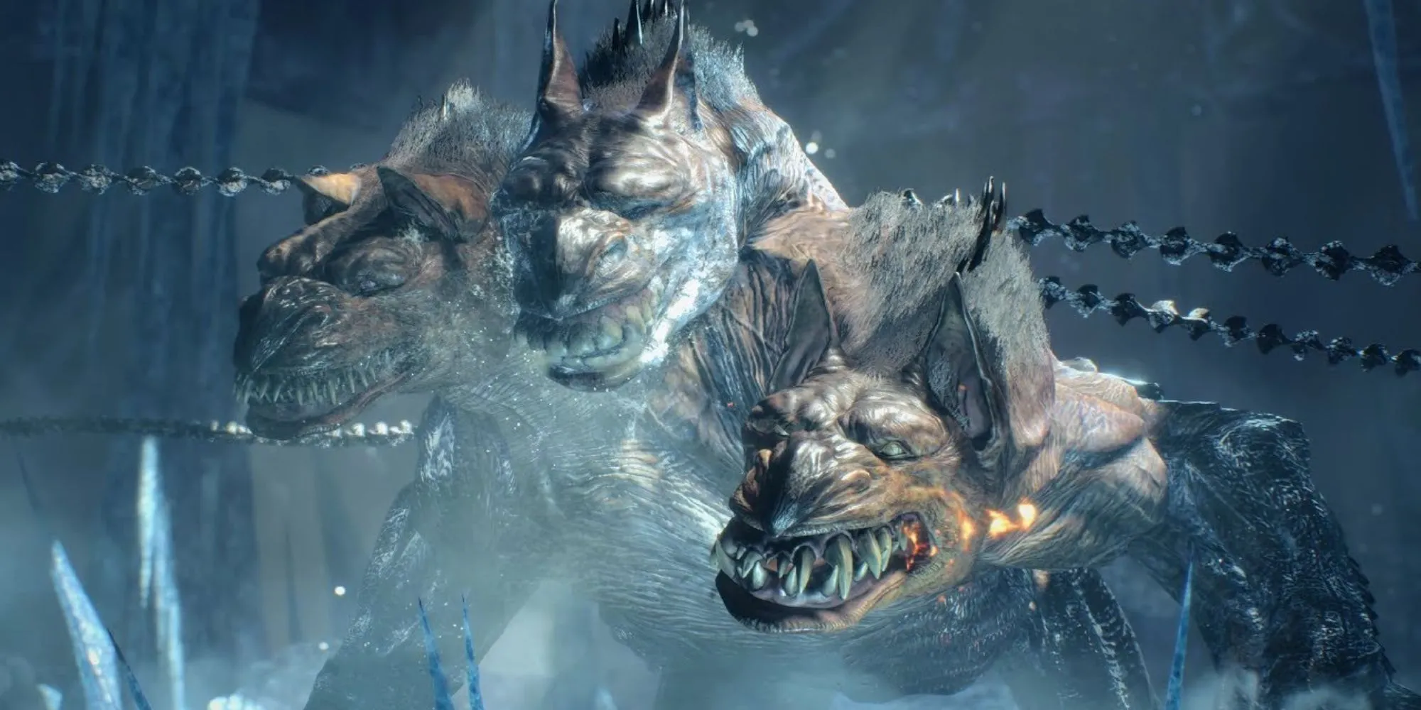 King Cerberus trong Devil May Cry 5, một con chó ba đầu khổng lồ với các yếu tố băng, lửa và sét