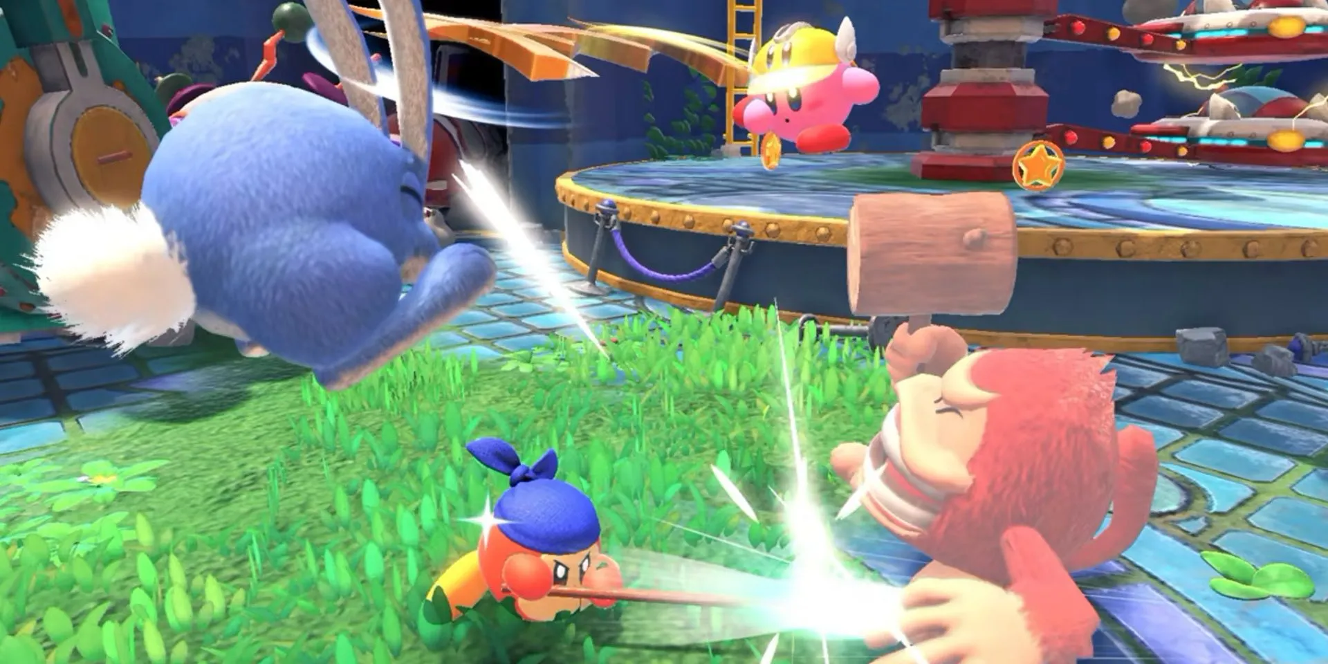 Kirby và Bandanna Waddle Dee trong Kirby and the Forgotten Land, một cuộc phiêu lưu co-op đáng yêu và đầy màu sắc