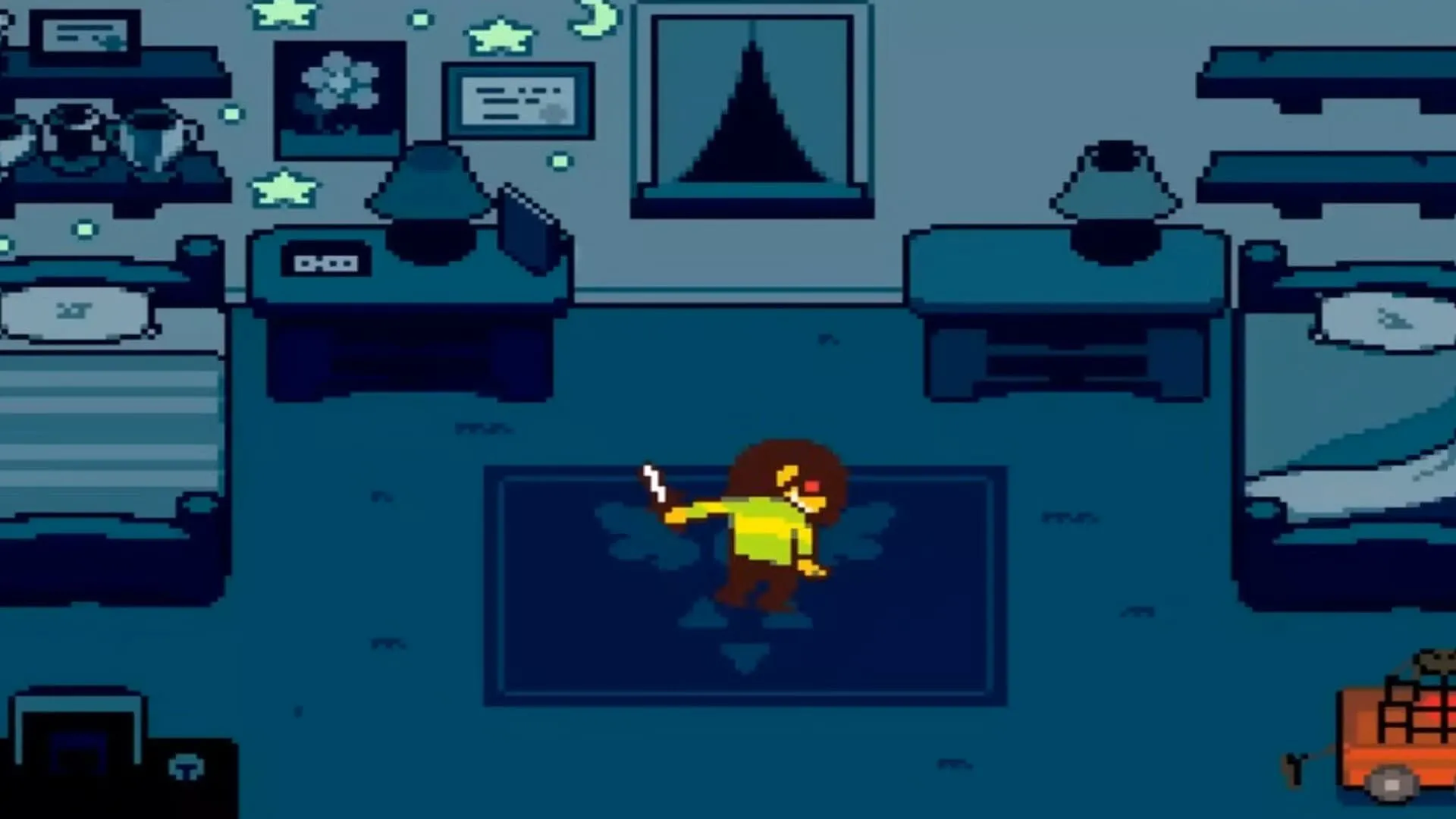 Kris cầm một Pha Lê Bóng Tối sau khi đánh bại Jevil trong Deltarune Chapter 1, vật phẩm này vẫn còn là một bí ẩn