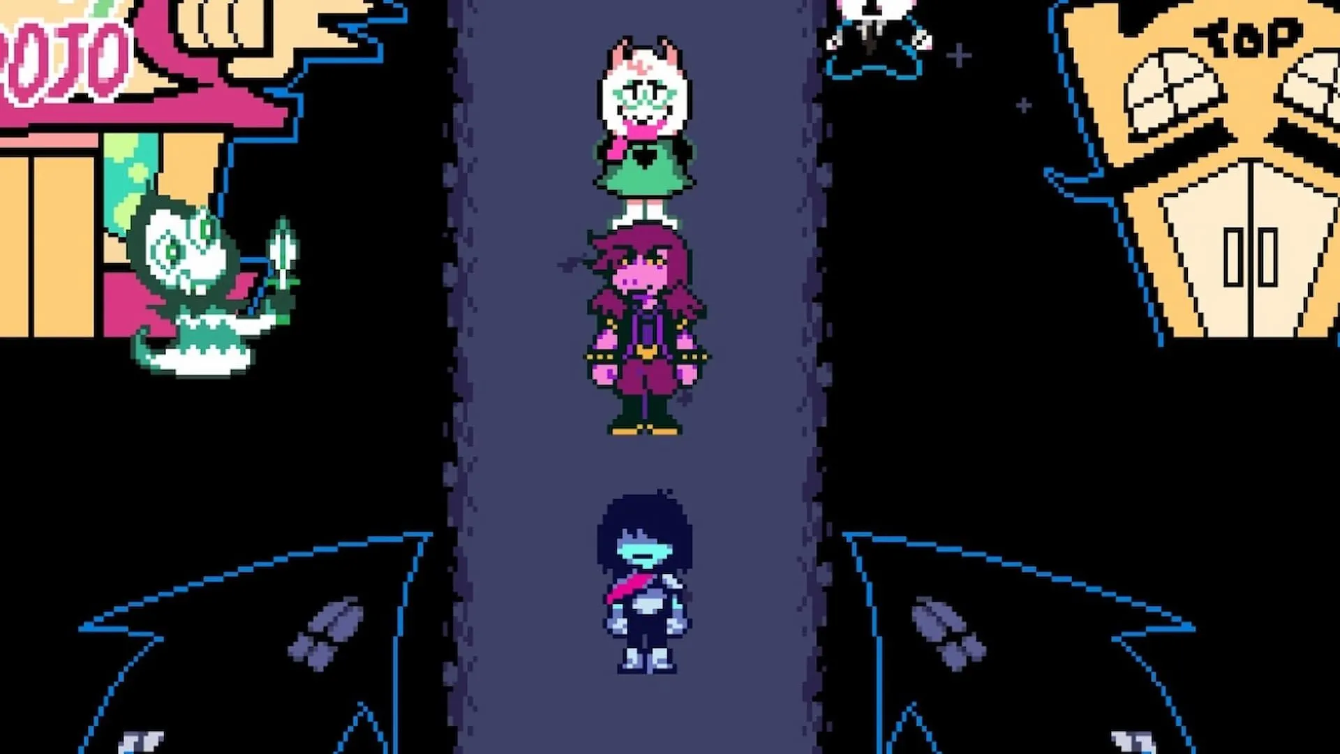 Kris, Ralsei và Susie đứng cùng nhau tại thị trấn trong Deltarune, hé lộ những mối quan hệ phức tạp