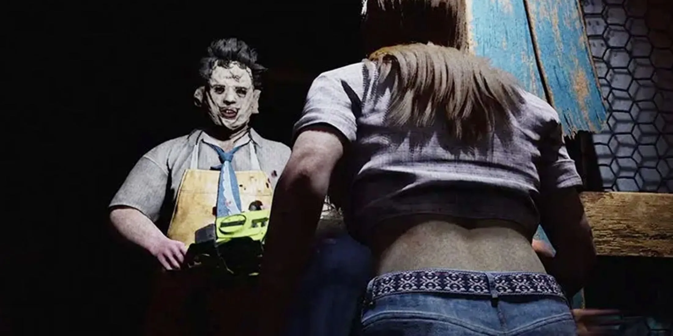 Leatherface đối mặt với Connie ở lối ra tầng hầm trong game Texas Chain Saw Massacre