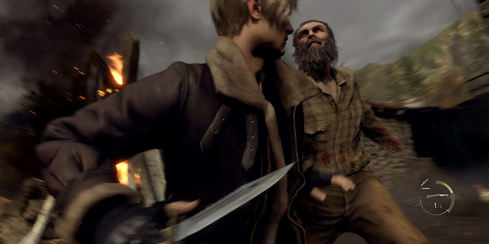 Leon chuẩn bị dao găm trong game Resident Evil 4 Remake 2023