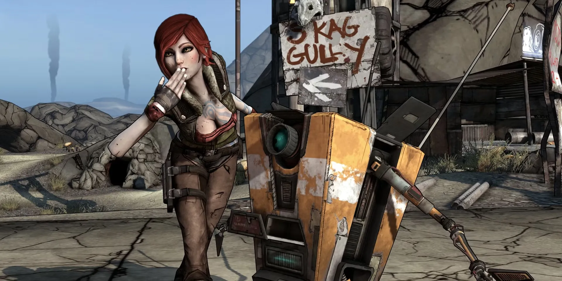 Lilith và Claptrap cùng nhau trong một cảnh từ Borderlands