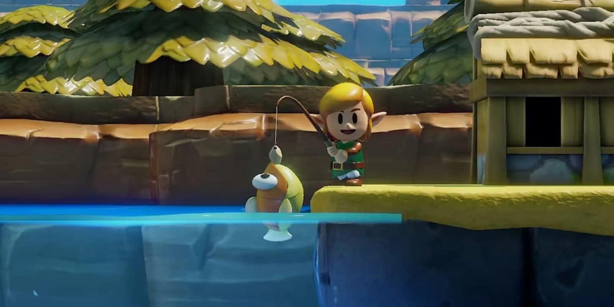 Link chibi đang câu cá bên bờ sông trong The Legend of Zelda Link's Awakening