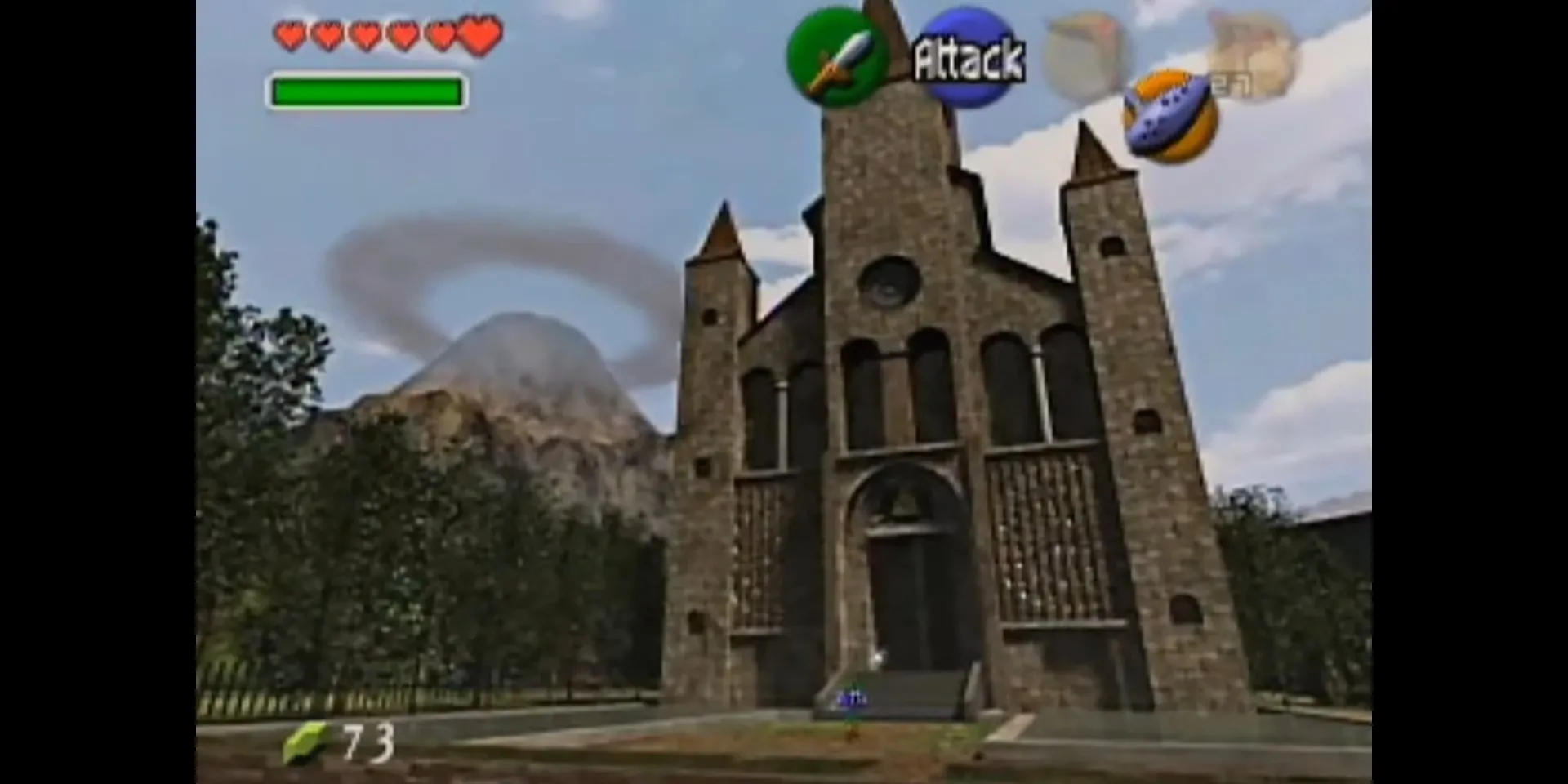 Link đứng trước Đền Thời Gian uy nghi trong Ocarina of Time với Núi Tử Thần phía xa, minh họa phông nền dựng sẵn