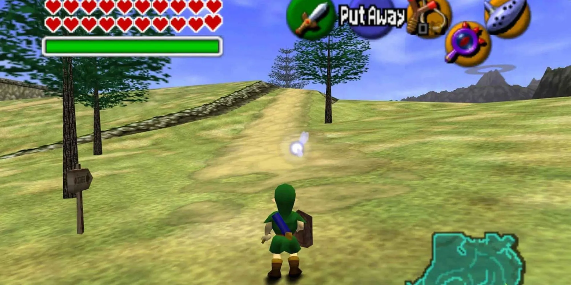 Link khám phá vùng đất Hyrule trong The Legend of Zelda Ocarina of Time với đồ họa N64 cổ điển