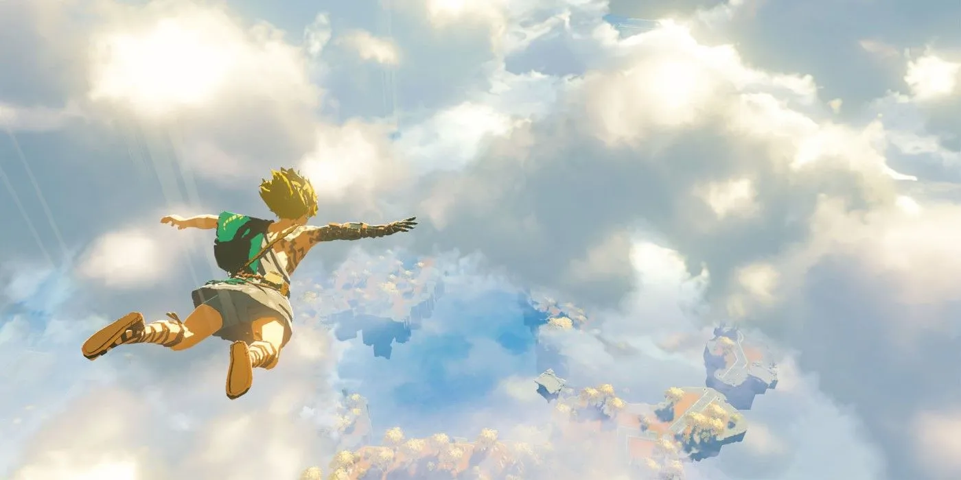 Link rơi từ đảo trên bầu trời xuống Hyrule trong The Legend of Zelda: Tears of the Kingdom