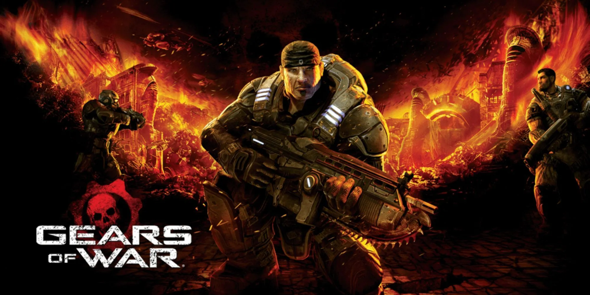 Logo Gears of War và hình ảnh một chiến binh COG mạnh mẽ