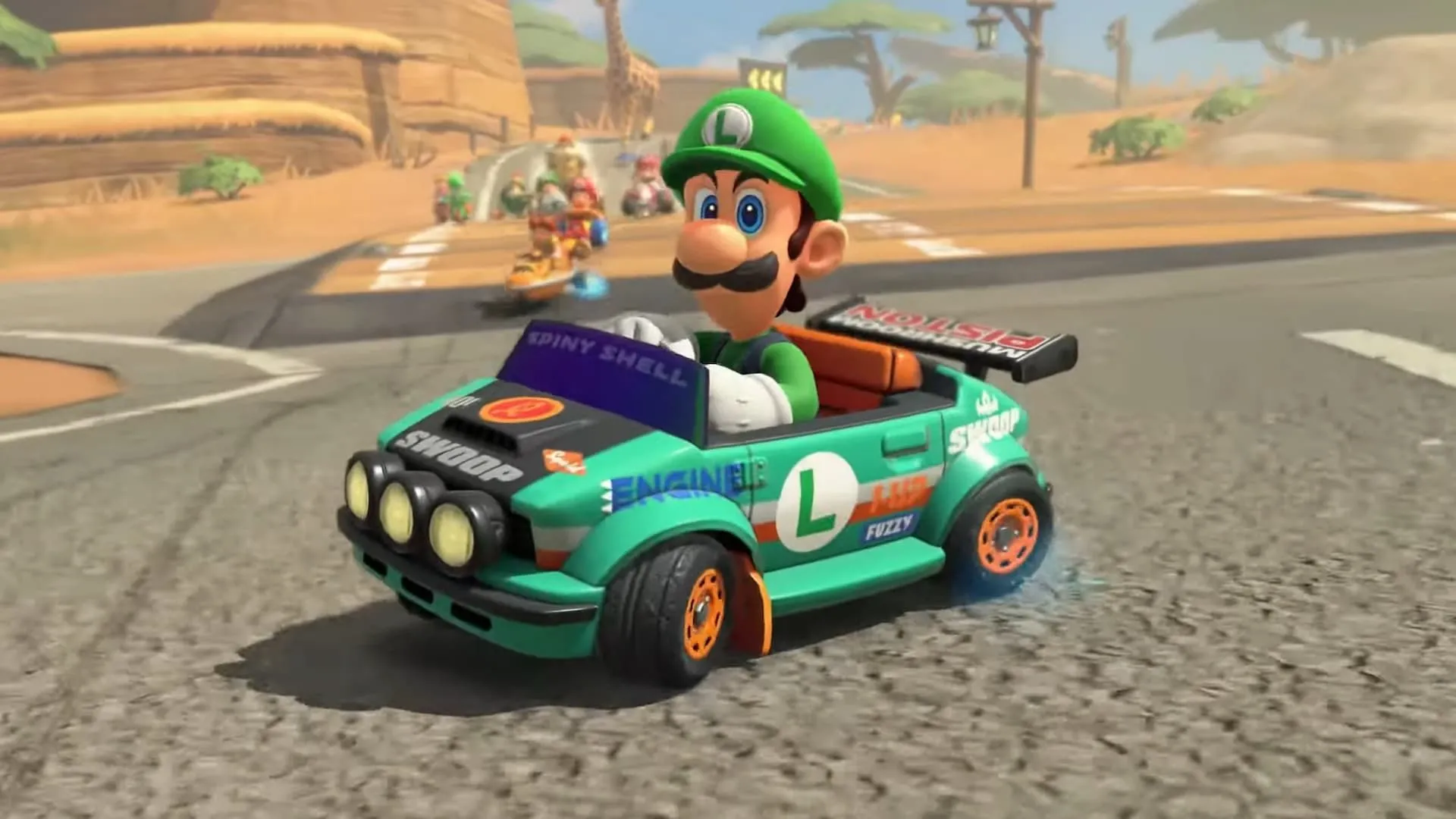 Luigi lái xe trong Mario Kart World