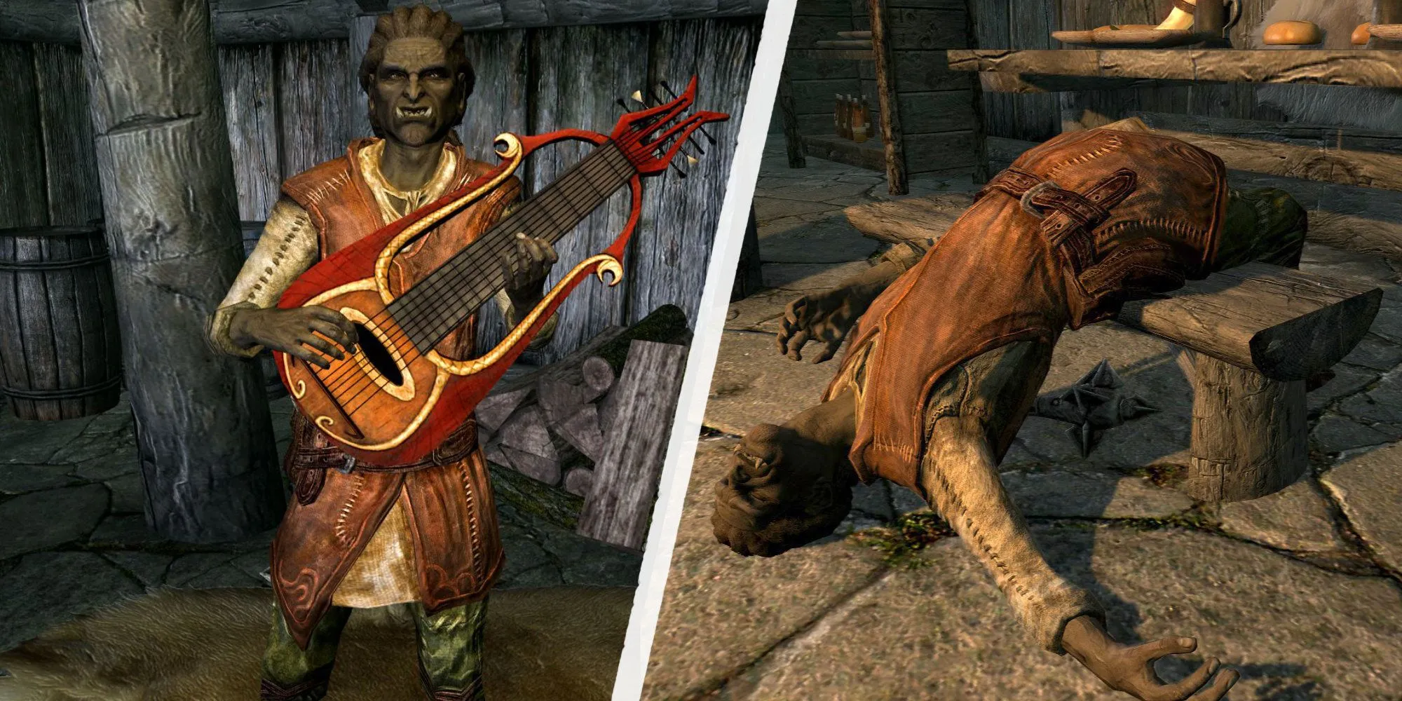 Lurbuk, người hát rong trước và sau khi bị ám sát theo hợp đồng của Dark Brotherhood trong Skyrim.
