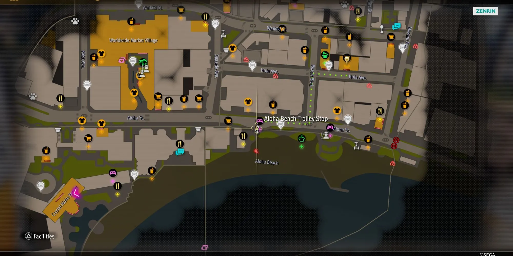 Majima đứng cạnh xe điện ở Hawaii, sẵn sàng cho minigame Sicko Snap
