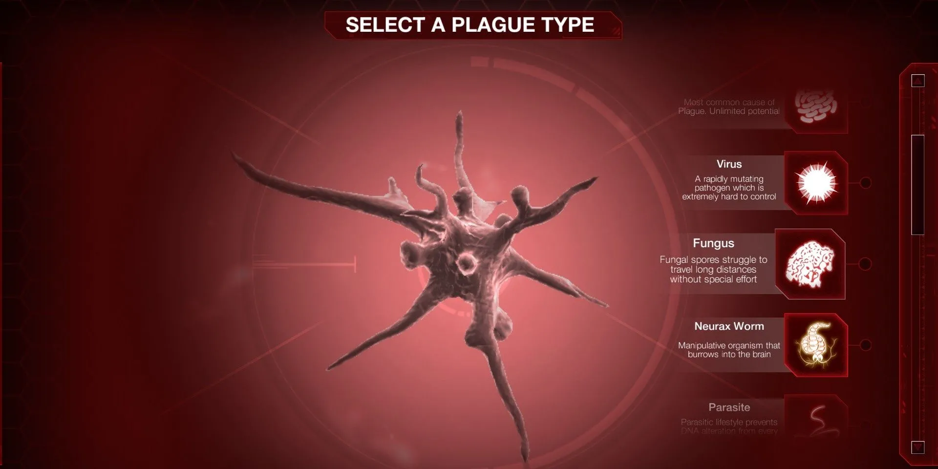 Màn hình chọn loại mầm bệnh trong Plague Inc: Evolved, nơi người chơi trở thành tác nhân gây dịch