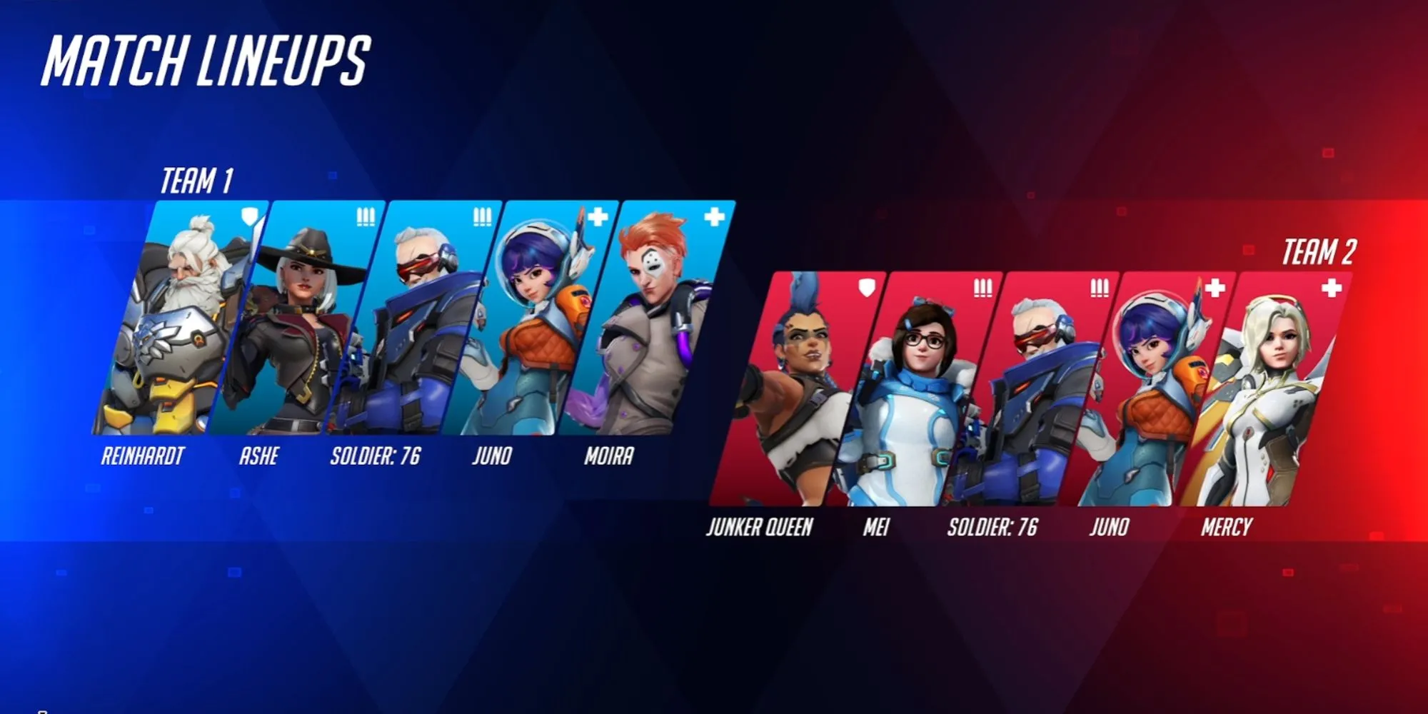 Màn hình hiển thị đội hình hai đội trước khi bắt đầu trận đấu trong Overwatch 2 Stadium